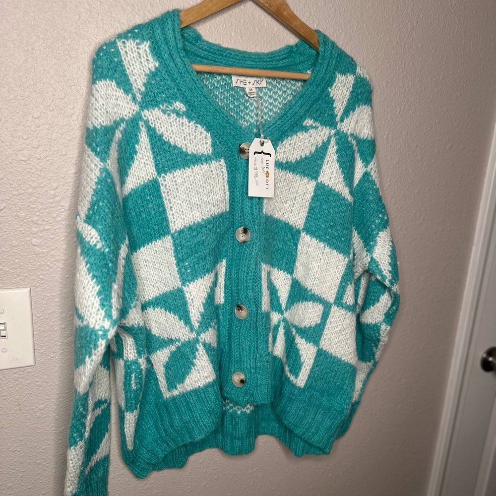 Teal and white cardigan